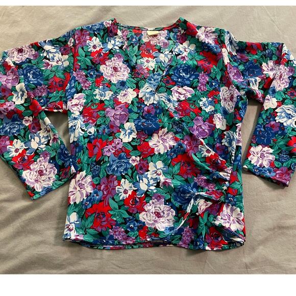 80s Floral Faux Wrap Blouse SZ 10 - Picture 1 of 8